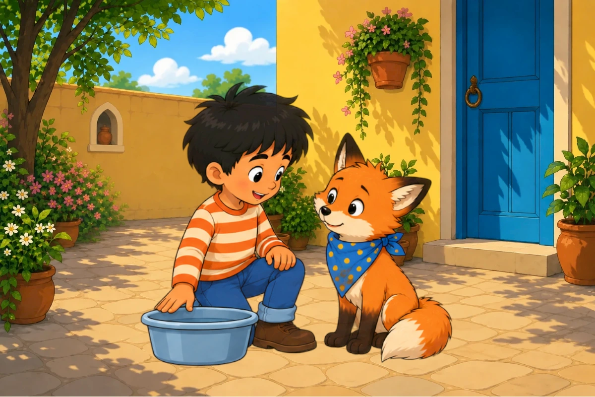 Clean cel courtyard, Avi striped shirt and blue trousers inspects stained blue scarf with gold dots still worn by quadrupedal orange fox Gul. Basin and laundry basket grounded; no red ball needed yet.