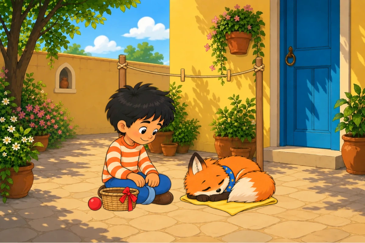 Original sunny cloth-bed resolution, Gul with restored blue dotted scarf lies on one yellow cloth, Avi nearby and laundry basket empty. Ball safely grounded at wall.