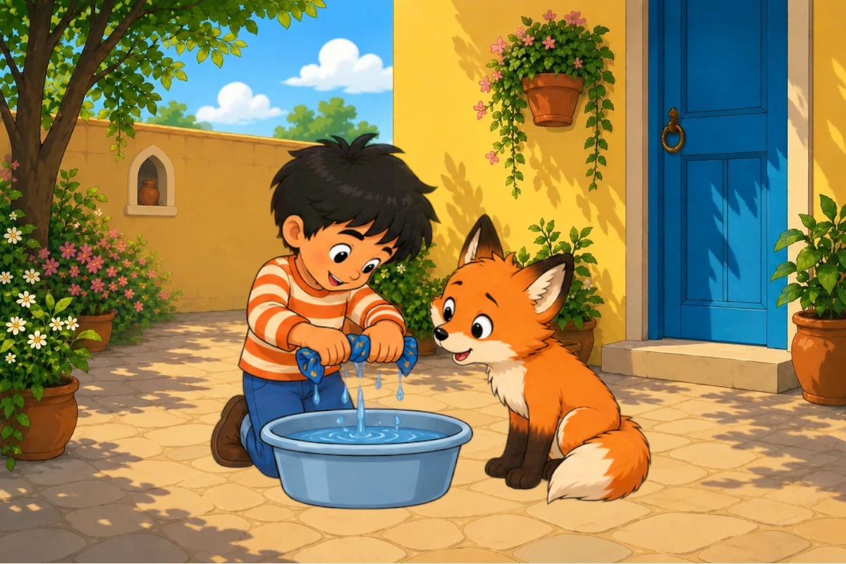 Washing process with bare-necked Gul watching basin, Avi's hands maintain scarf attachment during rinse. Blue cloth gold dots unchanged; knot absent on fox throughout.
