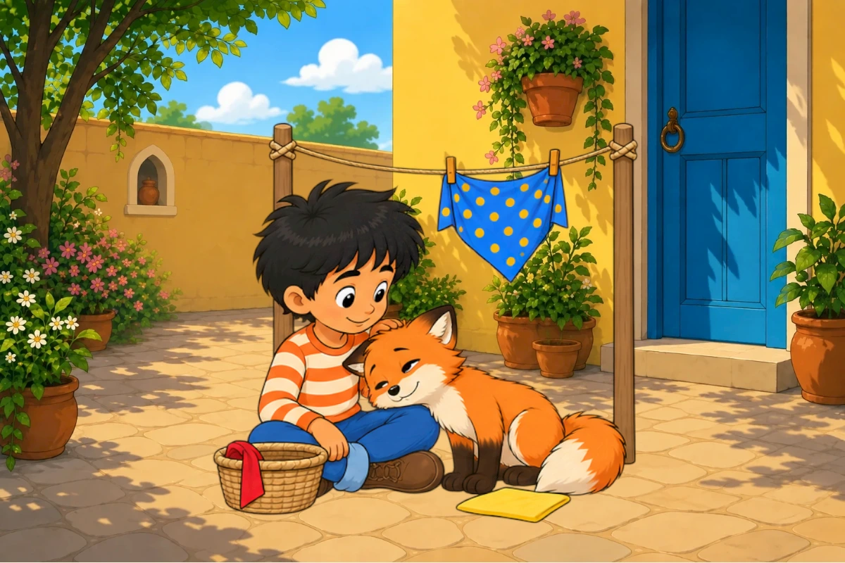 Quiet new low courtyard composition, Avi and bare-necked Gul sit side by side on ground; yellow cloth beside paws, sunlight edge and single fallen petal secondary, scarf remains in background.