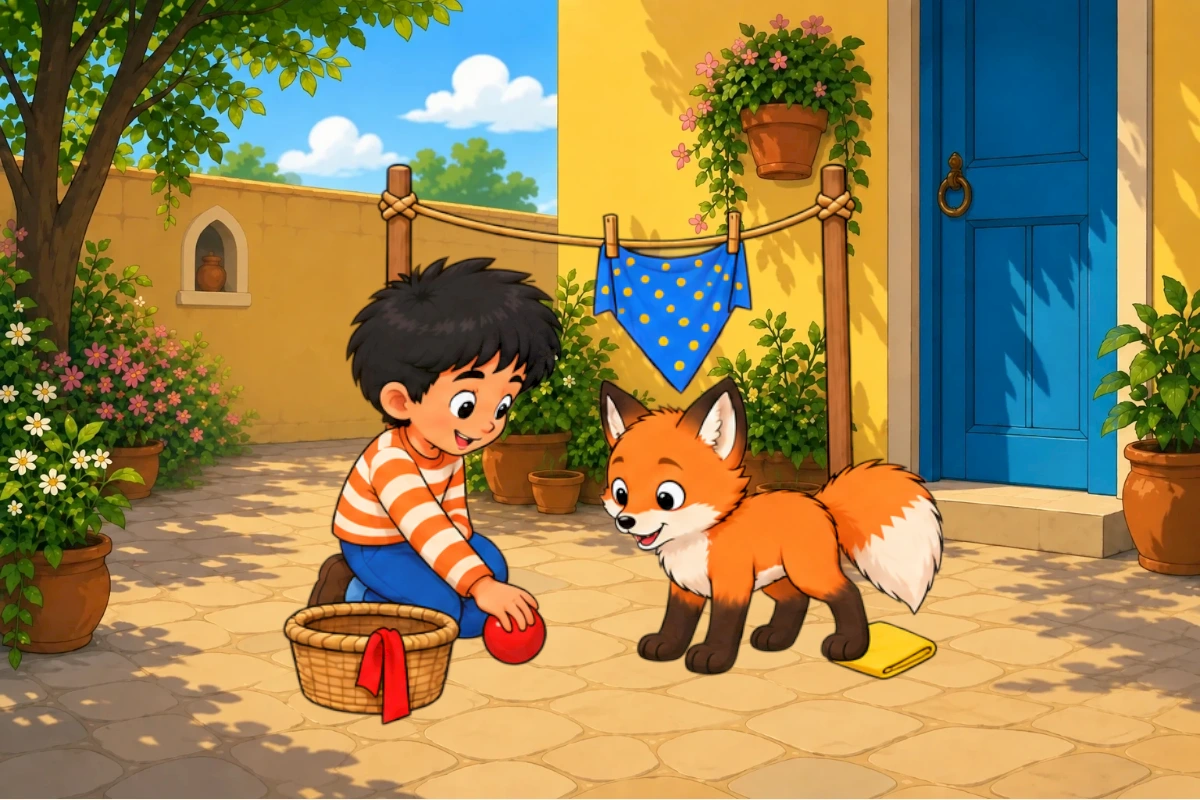 Original small fetch scene, bare-necked Gul nudges correctly proportioned red ball, Avi low to ground, blue scarf still damp above. Yellow cloth remains safely outside ball path.