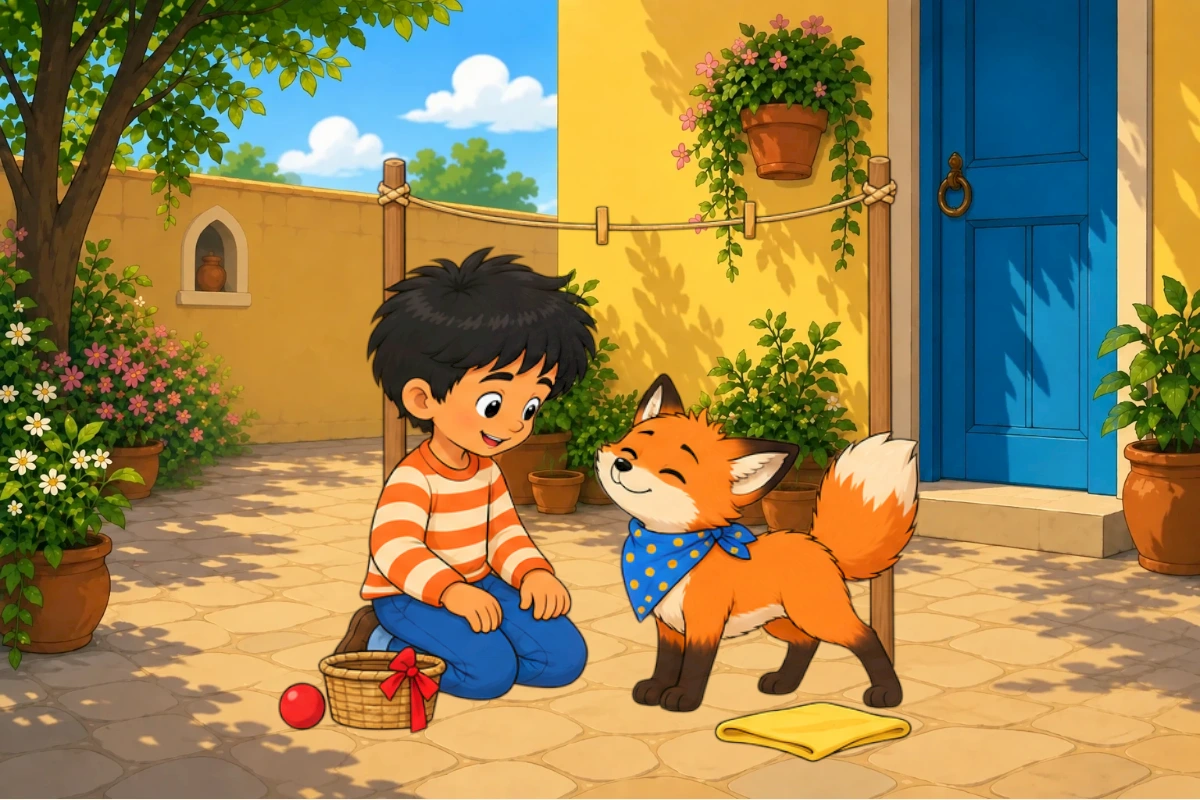 Avi returns dry blue scarf to Gul, loose knot correctly placed, hands cleanly connected. Yellow cloth sunlit in foreground, red ball stationary by basket.