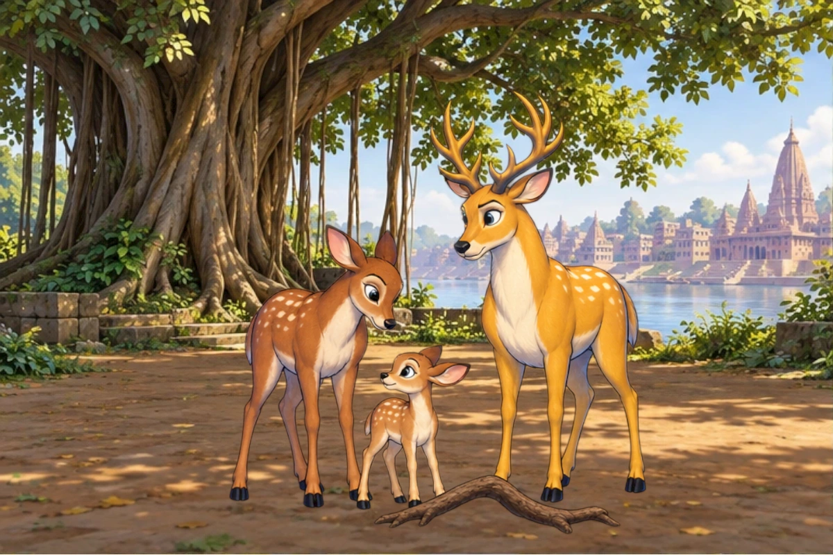 Gold and indigo woodland, golden Banyan Deer among ordinary herd, doe and small fawn at distinctive root; river and banyan fixed geography. No hunting yet.