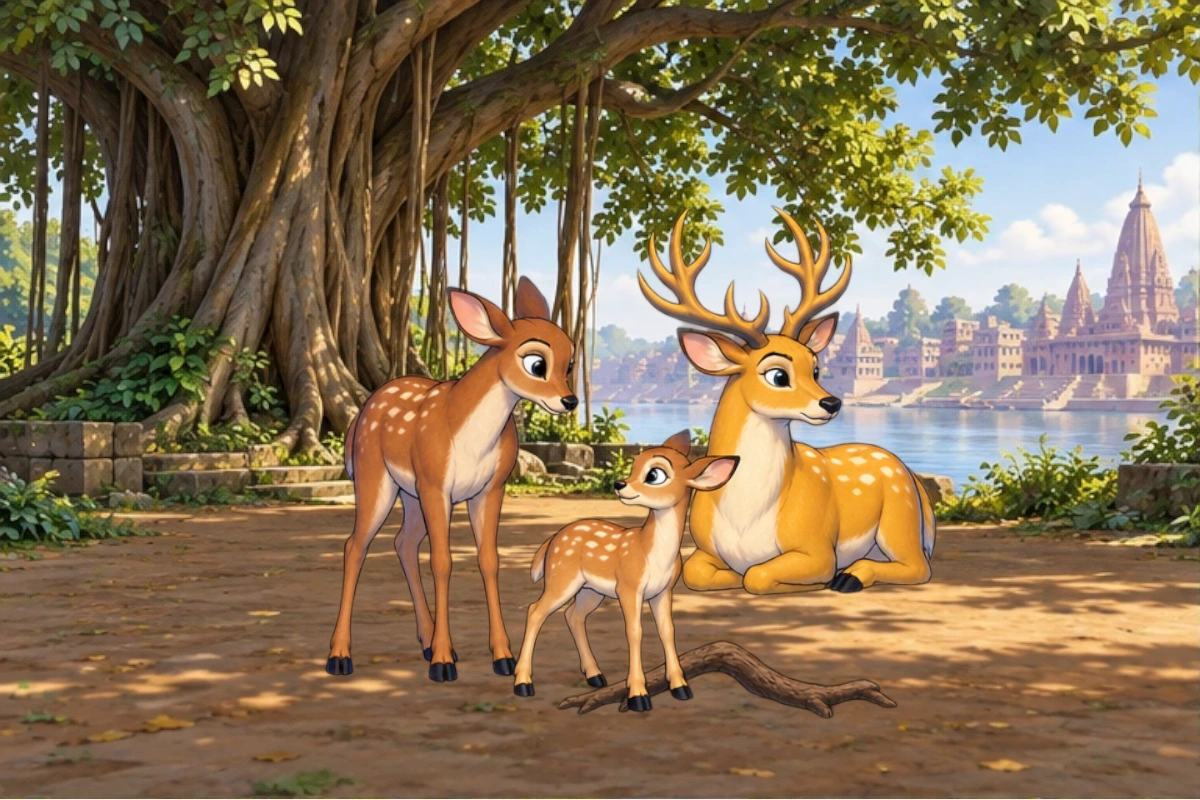 Gold/indigo woodland resolved ending; fawn crosses same root, mother beside, golden deer under banyan, bird and fish share river. Calm distinct contacts and anatomical proportions.