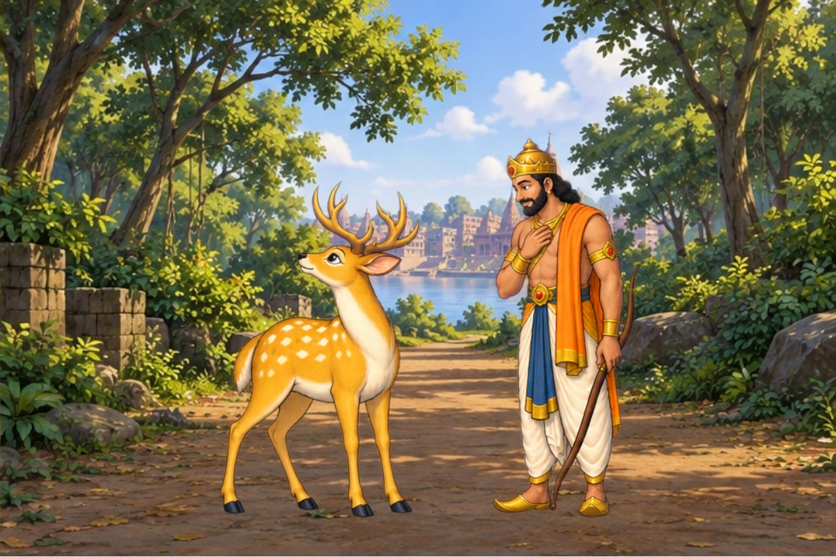 King and hunters at distance, all bows unstrung/lowered; golden deer alone in clearing while ordinary doe/fawn enter cover. No aimed weapon or injury.