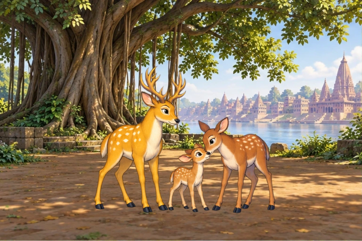 Same doe/fawn beside root under banyan, alert ears towards offscreen path; gold deer safe but concerned. Keep quiet tension not repeated chase.