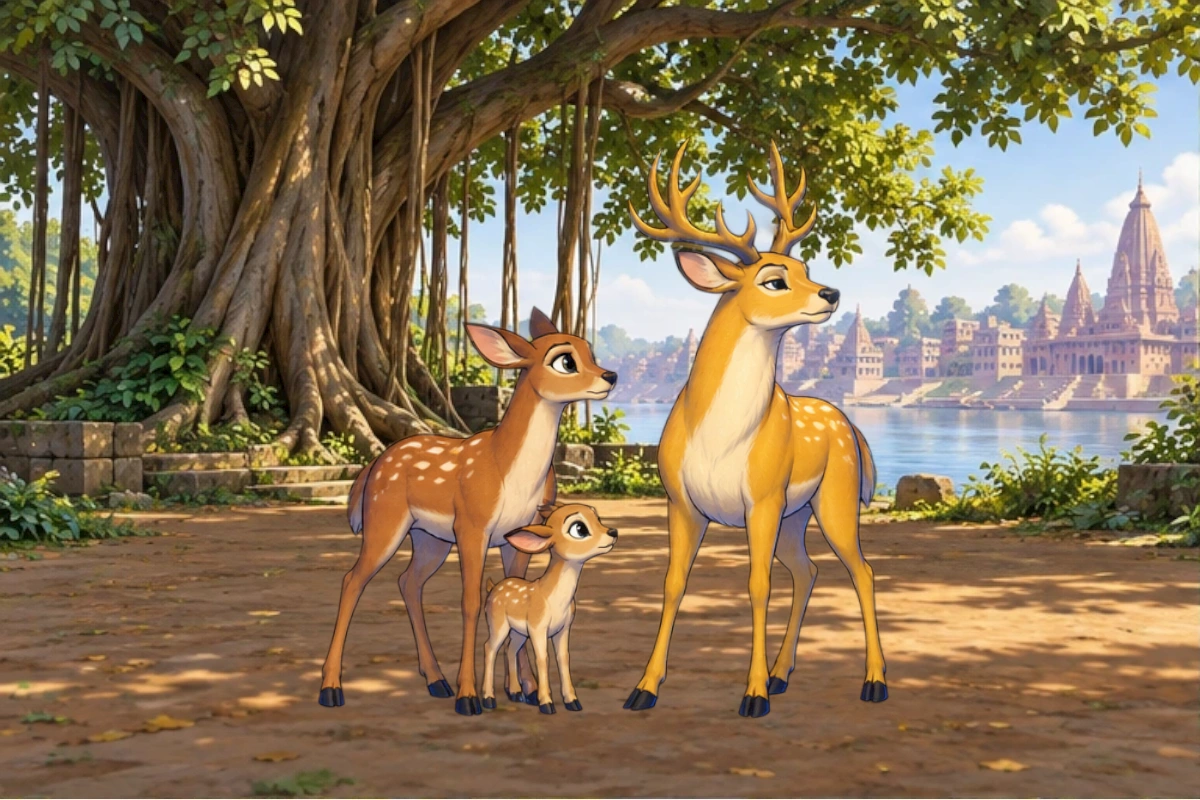 Doe and fawn behind golden deer with open retreat path, king's party at distance; no surrounded family or aimed bow. Root obstacle continuity maintained.