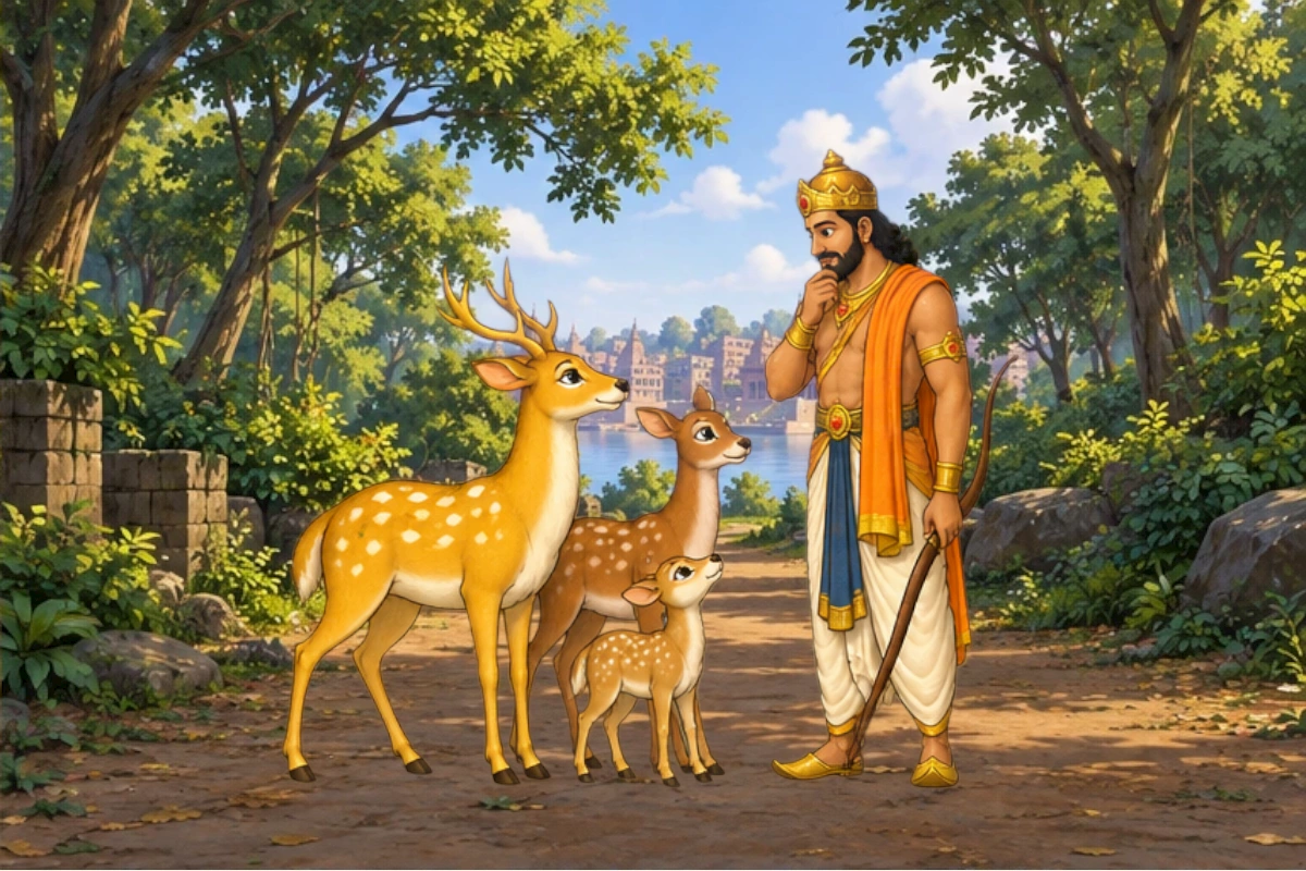 Golden deer addresses king at respectful distance, lowered bow, doe/fawn clearly visible behind rather than hidden; no comic villain performance.