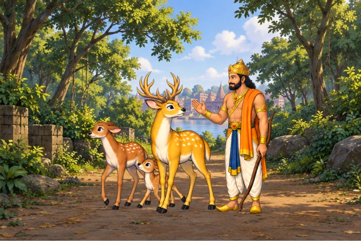 Family moves safely back, several ordinary deer visible in shade, king notices a young deer flinch at hunter boot shift; all weapons remain lowered.