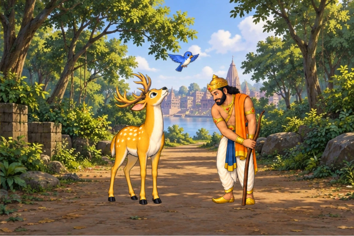 Banyan Deer and the king watch a blue bird. The king rests the bottom of his bow beside a tree while keeping his hand on it and listening.