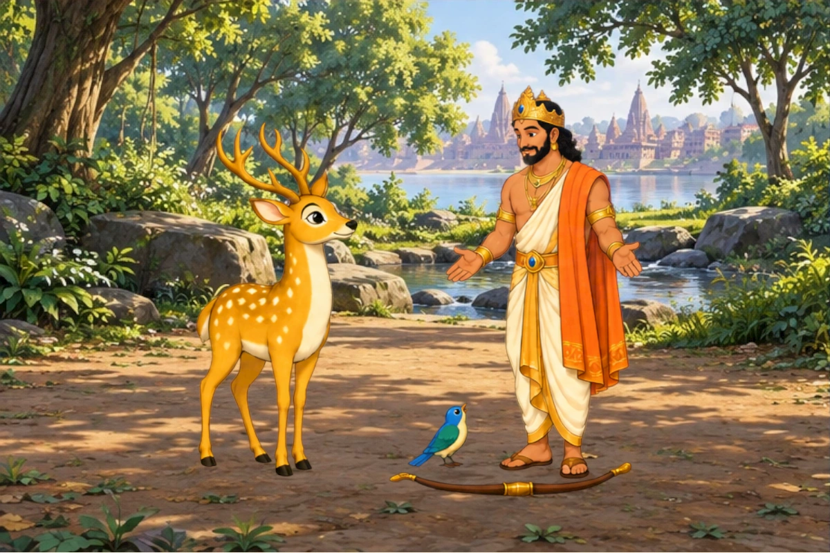 King, Banyan and calm riverside, one fish ripple and bird above; hunters turn away carrying lowered equipment. No bow teleport between held and grounded states: bow remains by tree until carried away lowered.