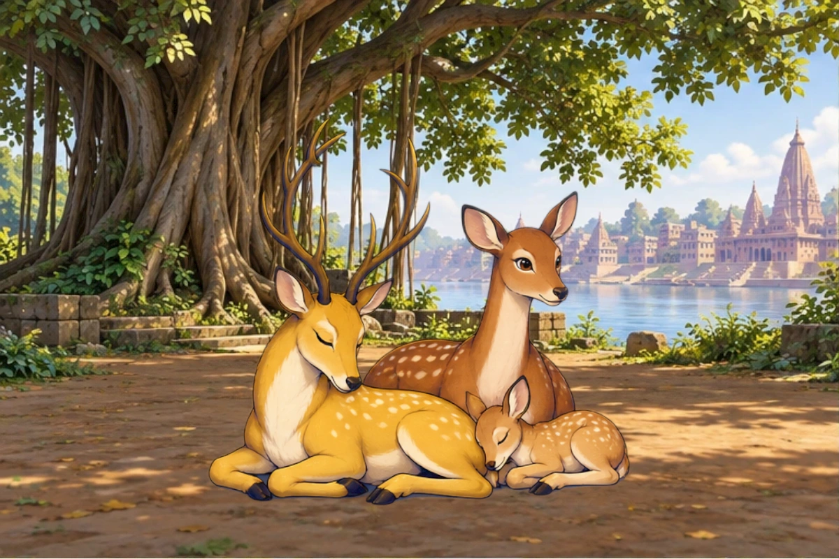 The golden Banyan Deer rests beneath the spreading tree as the brown doe and her small fawn settle safely beside him in daylight.