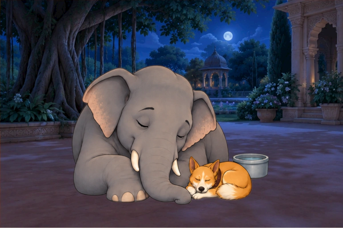 The two friends settle safely together beneath the garden tree at night.
