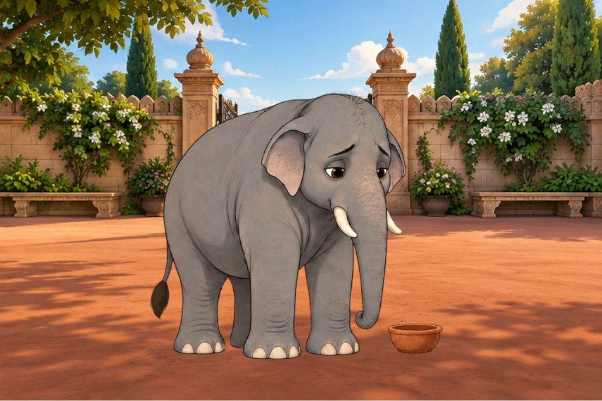 Elephant waits by the empty bowl and looks toward the gate.