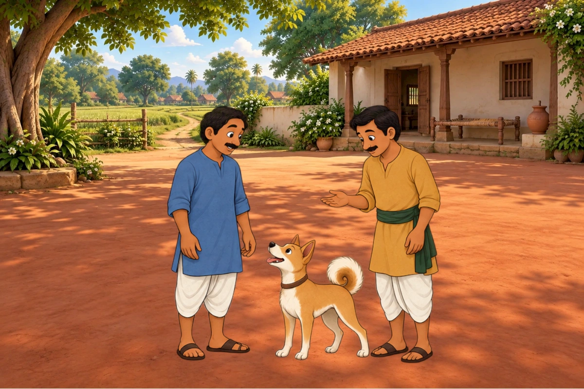 Dog rises hopefully as the visitor listens to a messenger outside his village home.