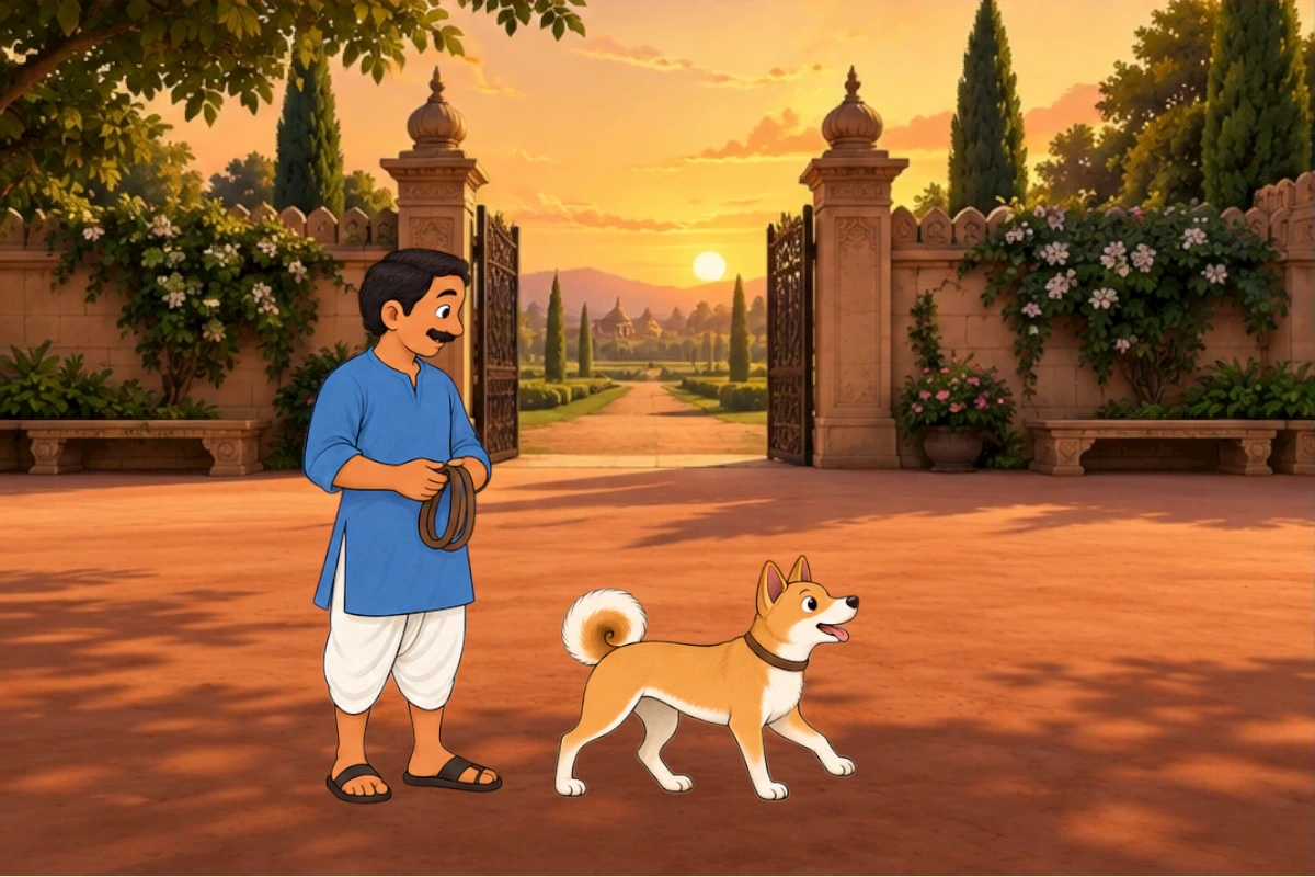 The messenger removes Dog’s lead at the garden gate, keeps the detached coil and lets him take two eager steps.