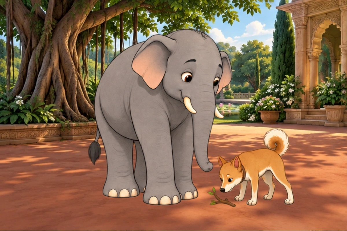 Dog greets Elephant nose to trunk. Both take two steps along their path, then pause while Dog sniffs a root.