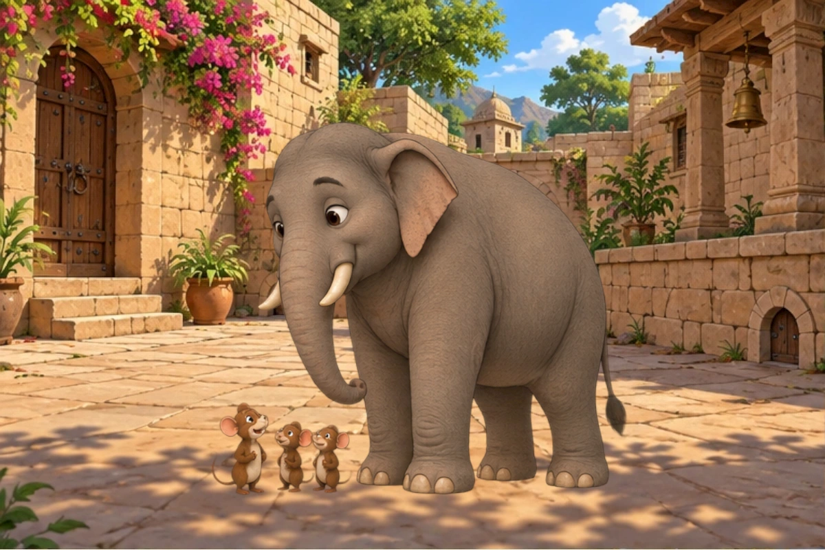 The elephant lowers his head to hear the tiny mice in the courtyard.