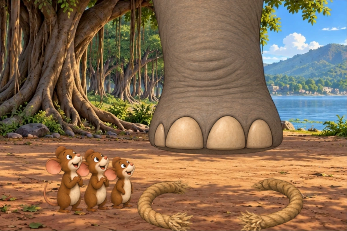 The last rope opens, the mice stand clear, and the elephant lifts his foot free.