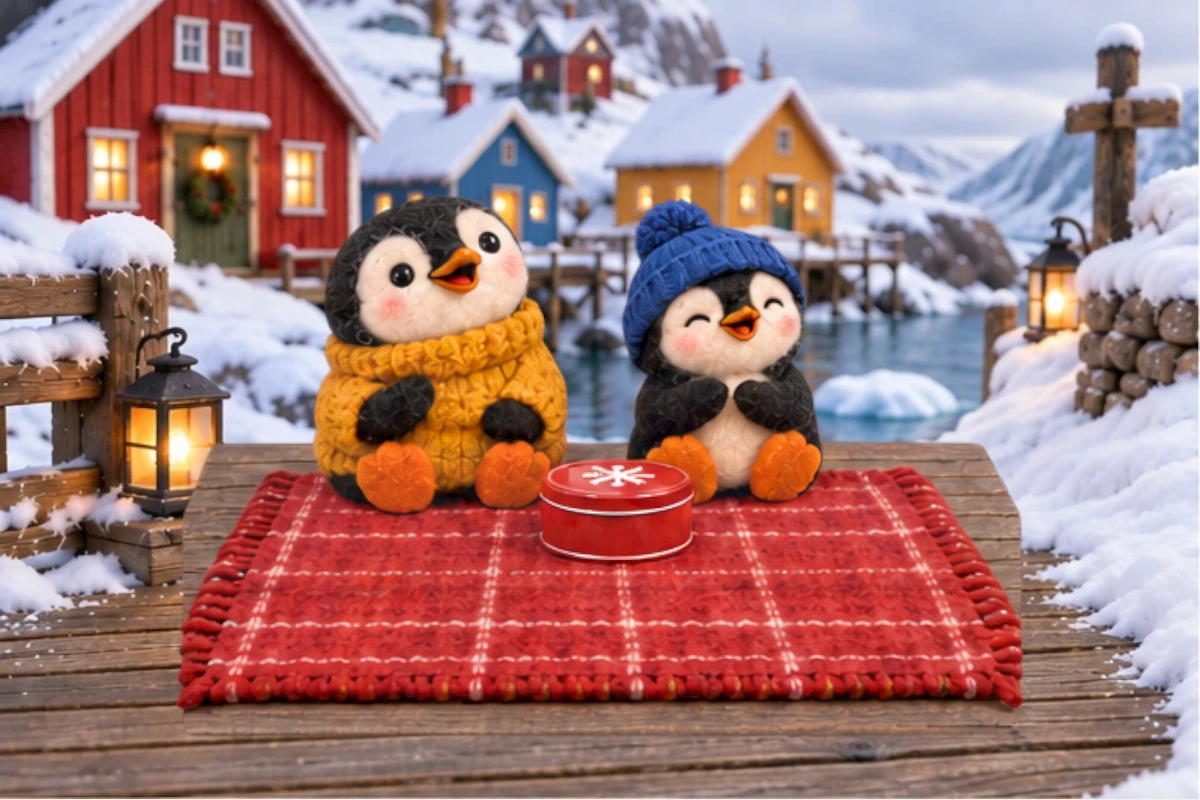 Tactile felt theatre; penguin Pippa yellow knit jumper and penguin Bo blue pom-pom hat on dry sheltered deck. Establish blanket edge visibly folded underneath before Una arrives.