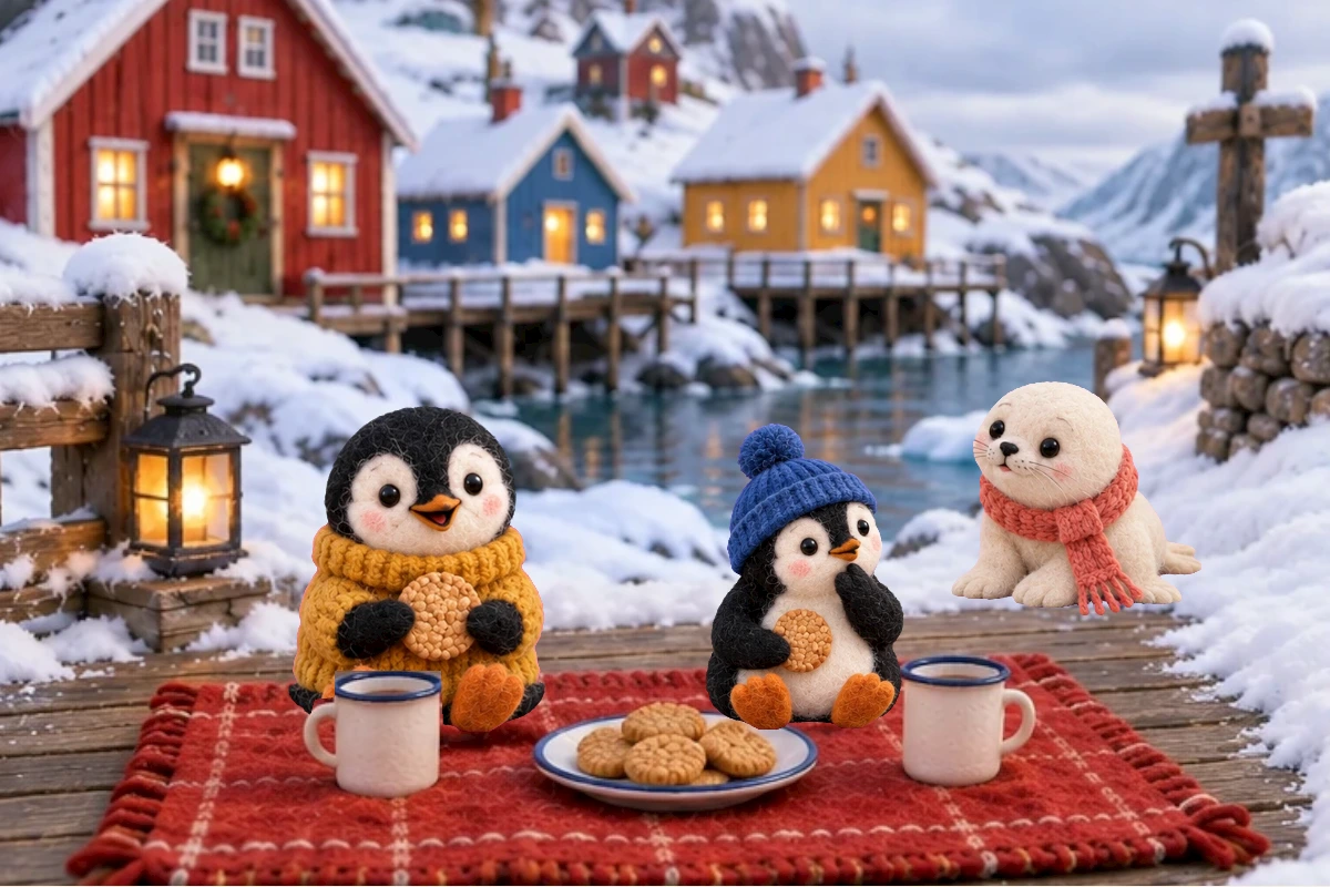 Original opening cast arrangement, exactly two matching cups and central biscuit plate, Una white seal coral scarf arrives from path. Crooked biscuit established.
