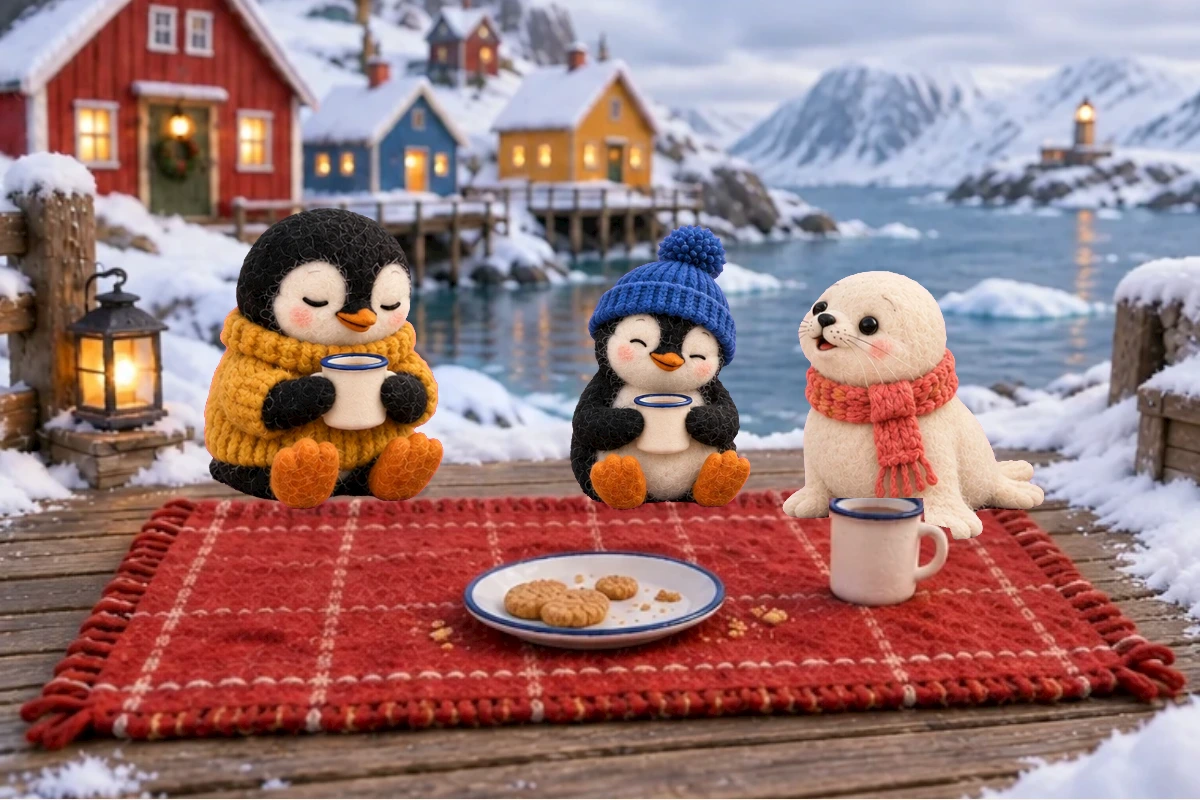 Original three-friend conversation on expanded blanket; Una tells story with free flipper, Pippa/Bo hold mugs safely. No literal cousin or broom needs to appear in scene.