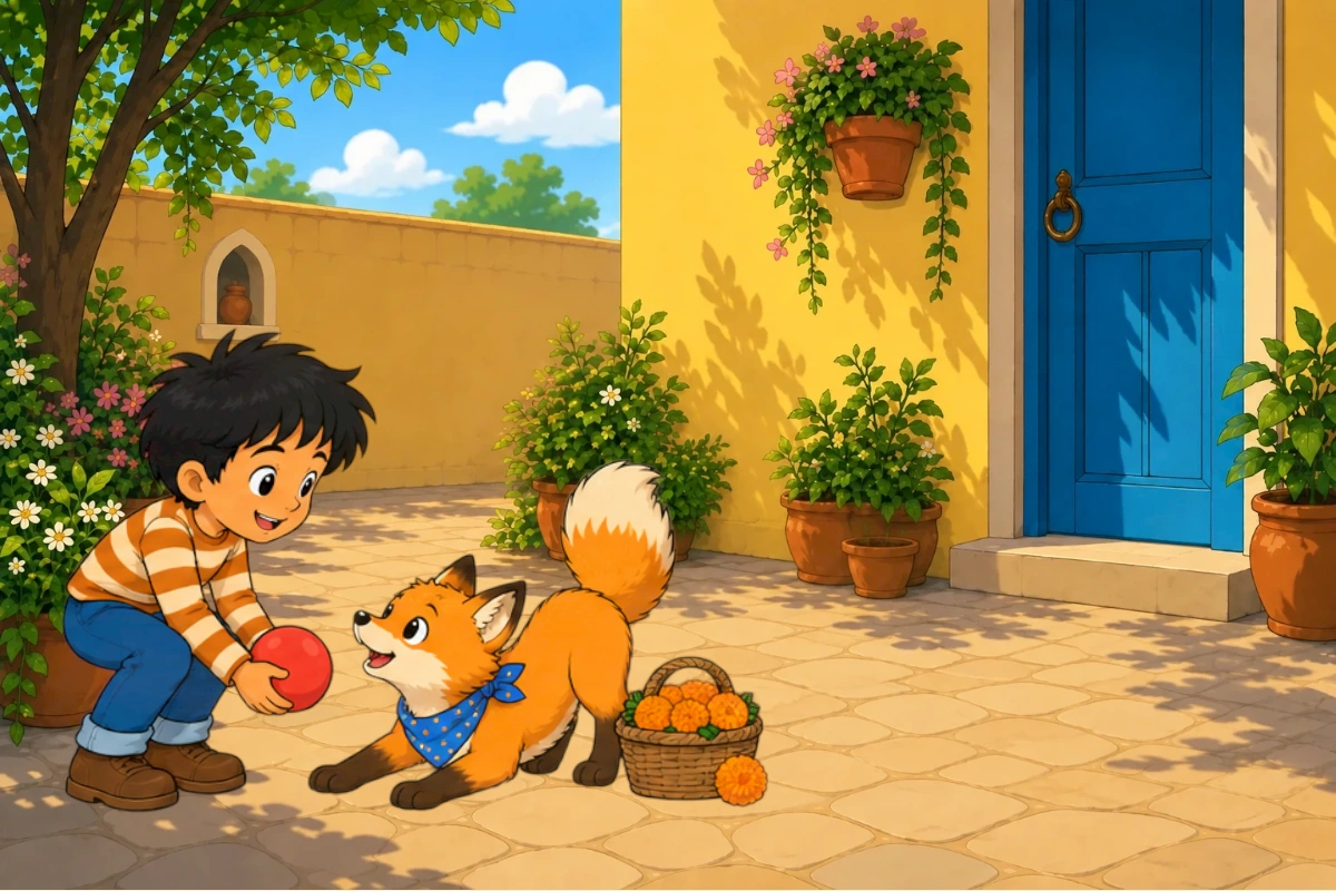 Sunlit clean cel courtyard, closed blue door; striped-shirt Avi reveals the single red ball behind his back to quadrupedal Gul wearing the same blue scarf. Marigold basket remains full at the side.
