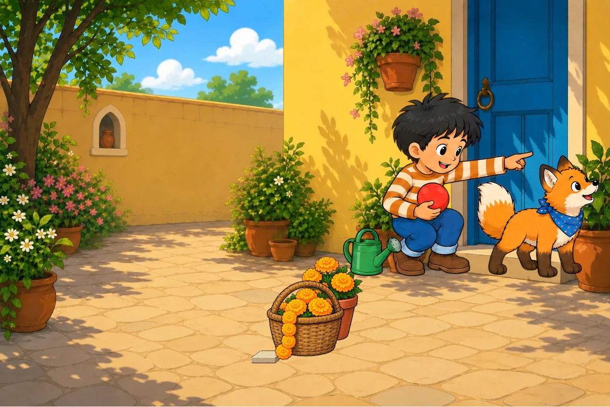 Wider courtyard preparation view, same pot and marigold basket; explicitly show the loose flower loop on top, watering can now safely at the wall, clear play lane.