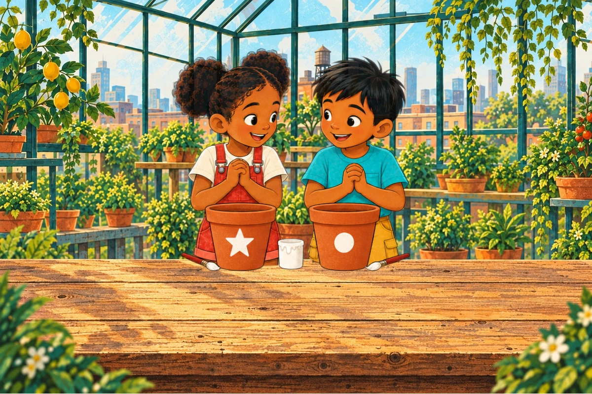 Screen-printed garden style, Ira dark skin two curly puff buns red overalls white shirt, Sami black hair teal shirt mustard bottoms. Two matching empty terracotta pots, white star left and white dot right, greenhouse workbench.