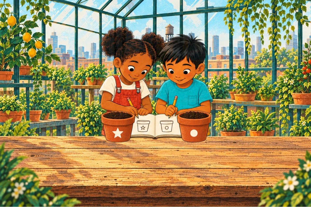 New notebook setup close view, marked bare pots behind, children's matching pot drawings without generated readable lettering. No sprout in either pot, water can parked unused.