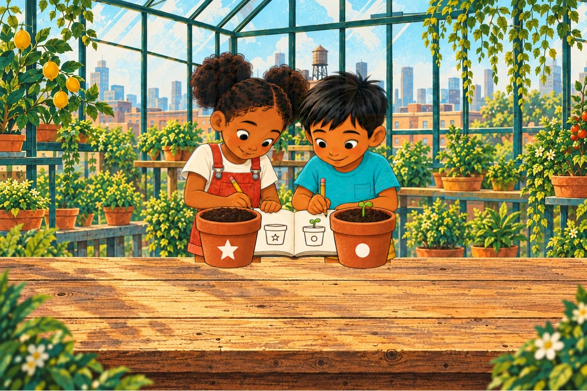 Original first sprout state: dot pot has small seedling, star remains bare, Sami shows green notebook, Ira watches mixed delight/disappointment. No mature leaves yet.