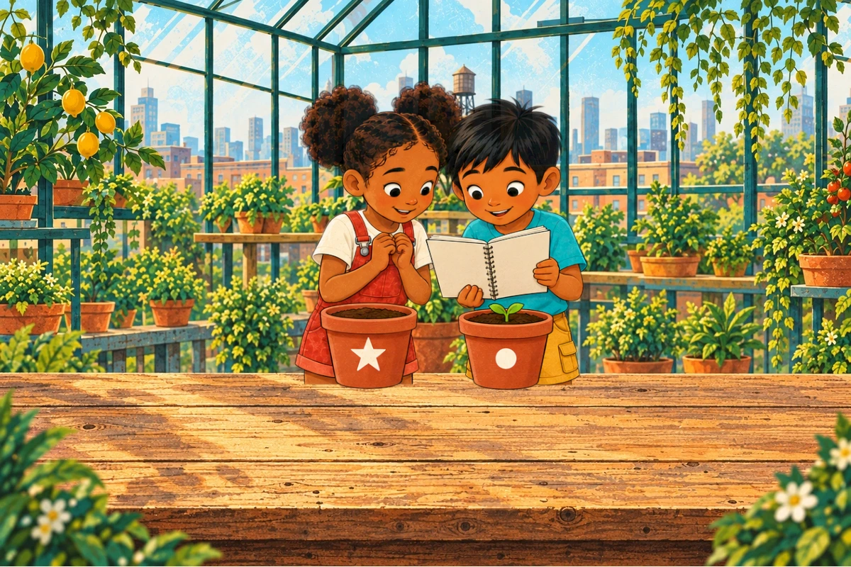 New restraint beat, Ira hands around star pot then releases, dot seedling safe beside it, Sami brings notebook. No uprooting or relocation; greenhouse conditions remain stable.