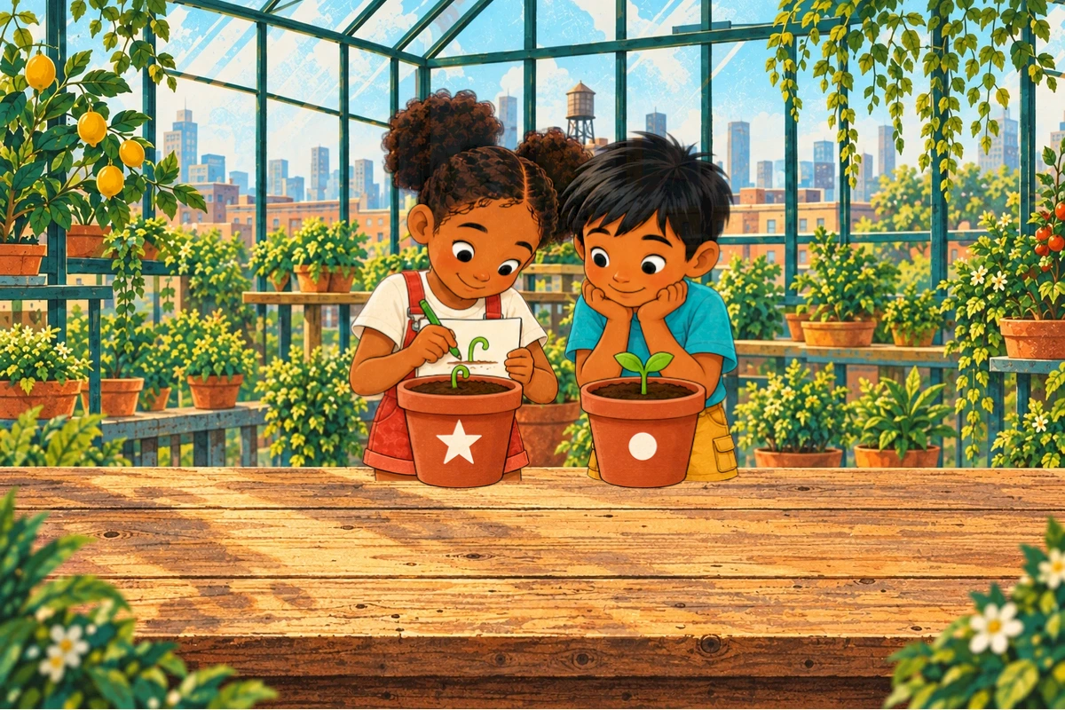 Original delayed shoot reveal, star pot tiny bent hook, dot pot broader established leaves, Ira delighted two puff buns, Sami attentive. Notebook records bent shape accurately.