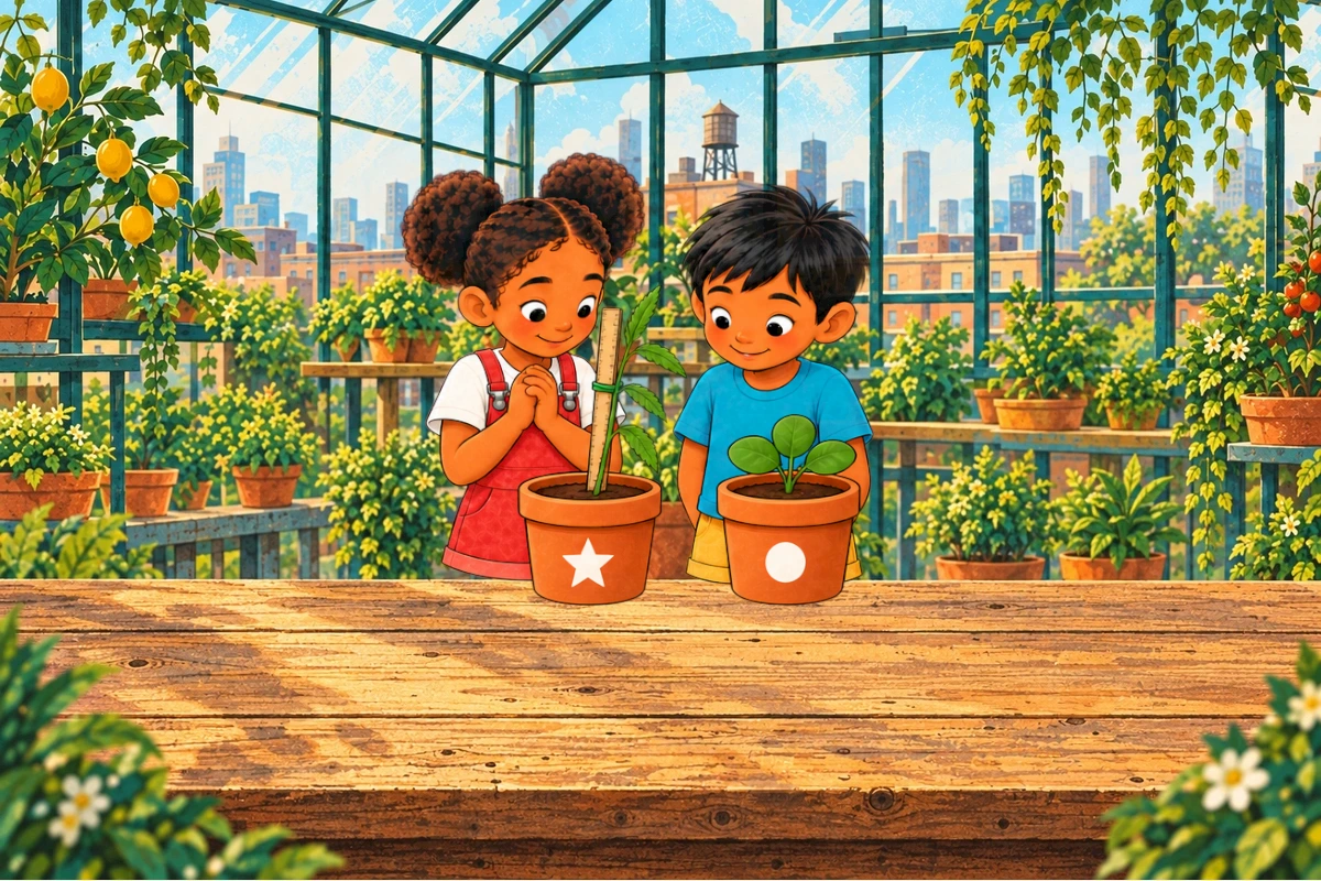 Original mature support state, Ira adjusts loose green tie on star plant with old measuring stick, Sami steadies pot (not watering simultaneously), dot broad leaves without support.