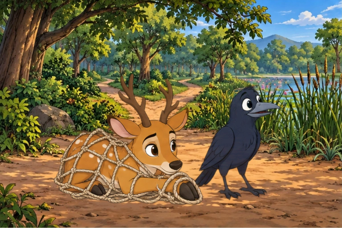 Crow asks Deer to stop pulling; the trapped hoof settles.