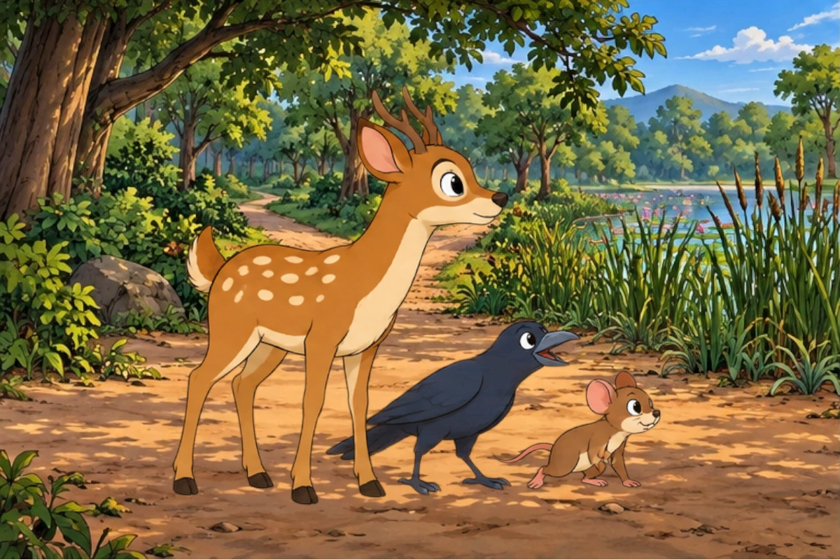Crow shows the route. Mouse points to the hiding place. Deer agrees.