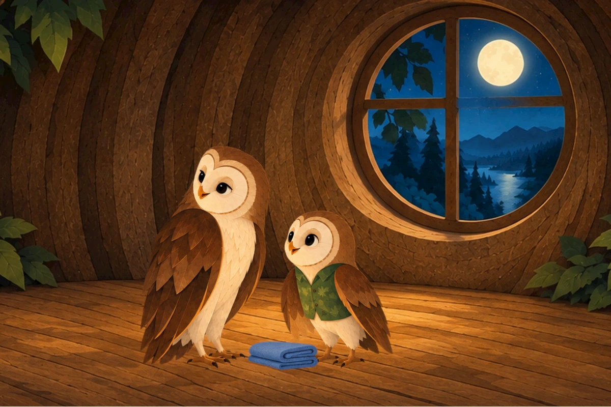 Moonlit silhouette/paper-cut theatre, brown barn owlet Olive heart-shaped face green leaf-pattern vest at round window; adult Mama Owl inside hollow-tree home, blue blanket prepared, lantern still resting indoors.