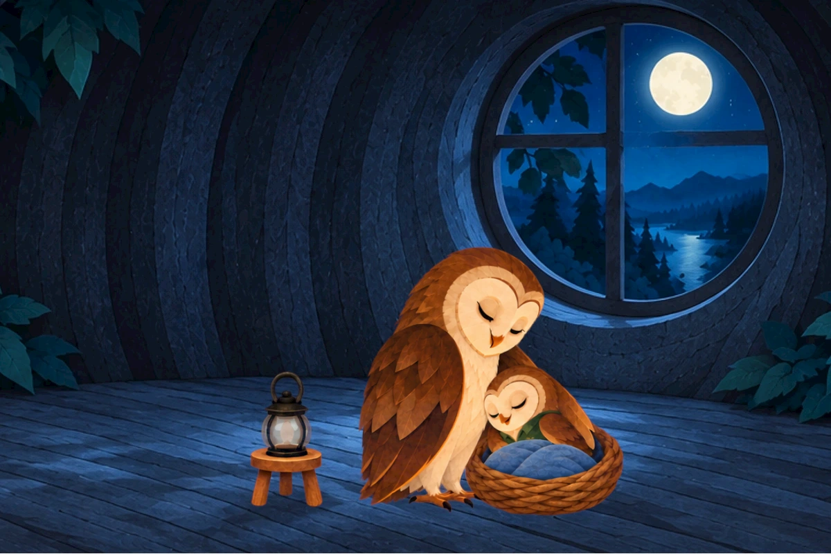Original restful ending, Olive curled in blue blanket beside Mama, lantern dark on shelf, round moonlit window. No added stars inside room, no revived bright lantern.