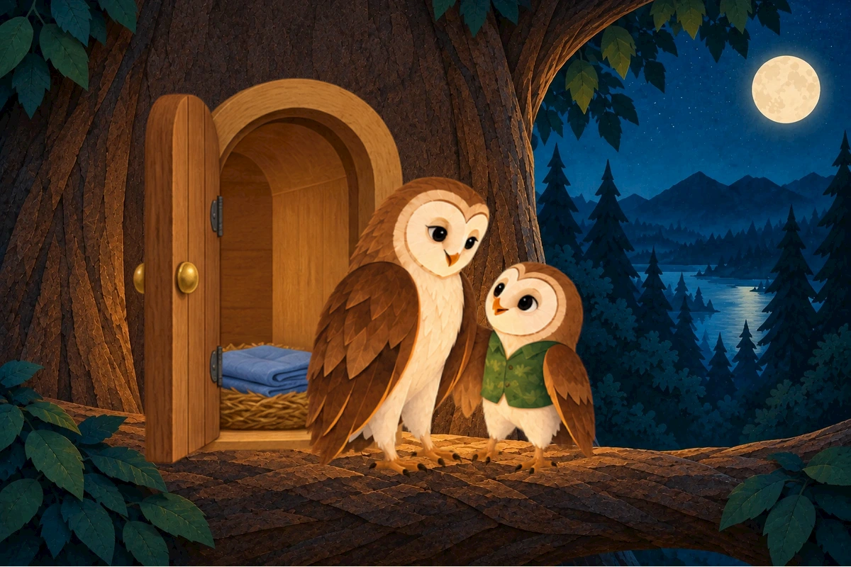 New doorway departure, Mama opens round hollow-tree door and Olive stands wing-to-wing, blue blanket visible inside. Moonlit path to fern and stones readable, no deep forest detour.