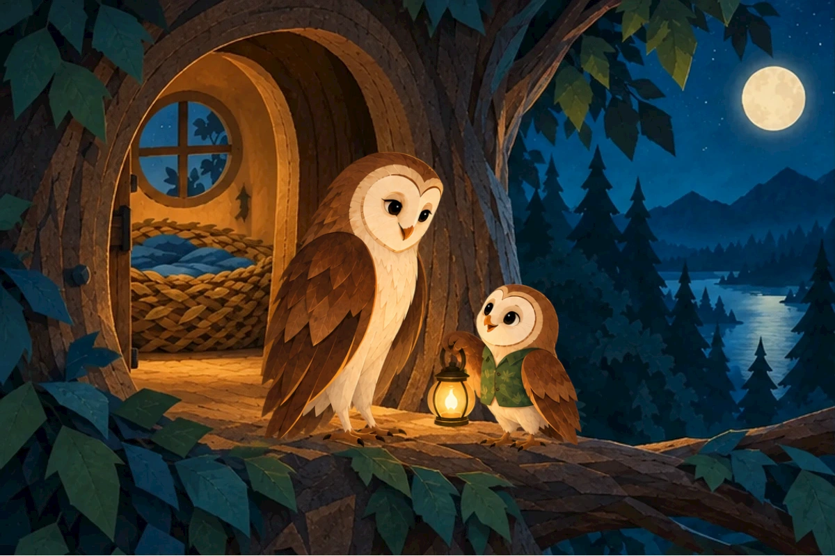 Original lantern handoff identity and staging at tree entrance, brass handle rigid, Olive leaf vest and Mama paper-cut owls, small warm pool against cool moonlit ground.
