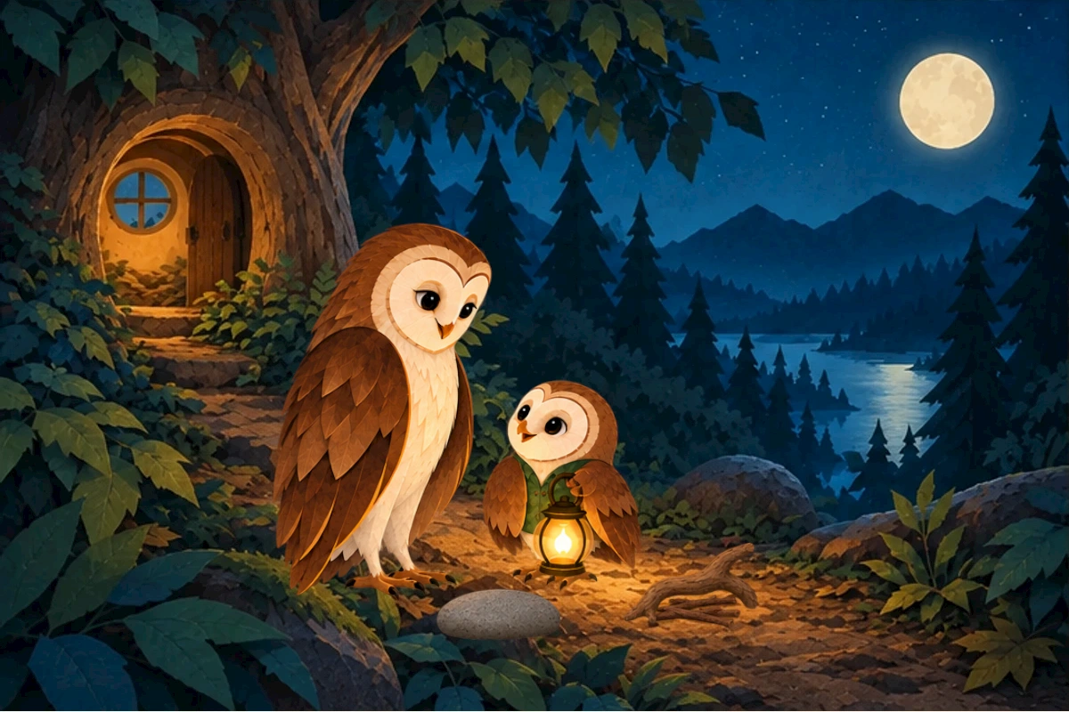 Twig clearing beat, lantern explicitly transfers to Mama for two-wing lift then returns; Olive sets one fallen twig beside others outside walking line. Existing moonlit path, no new broom.