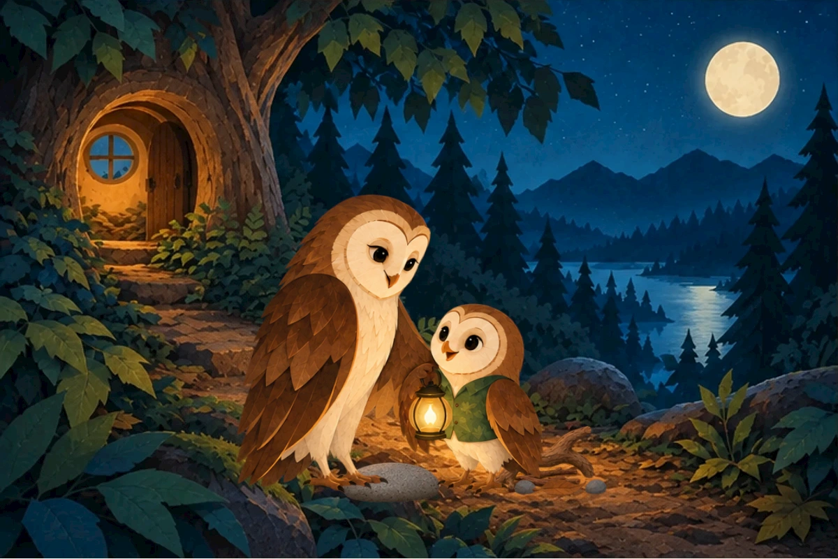 Original dry-leaf reveal, same leaf turns once between stones within lantern light, Olive relieved and Mama calm. No creature hidden beneath leaf.