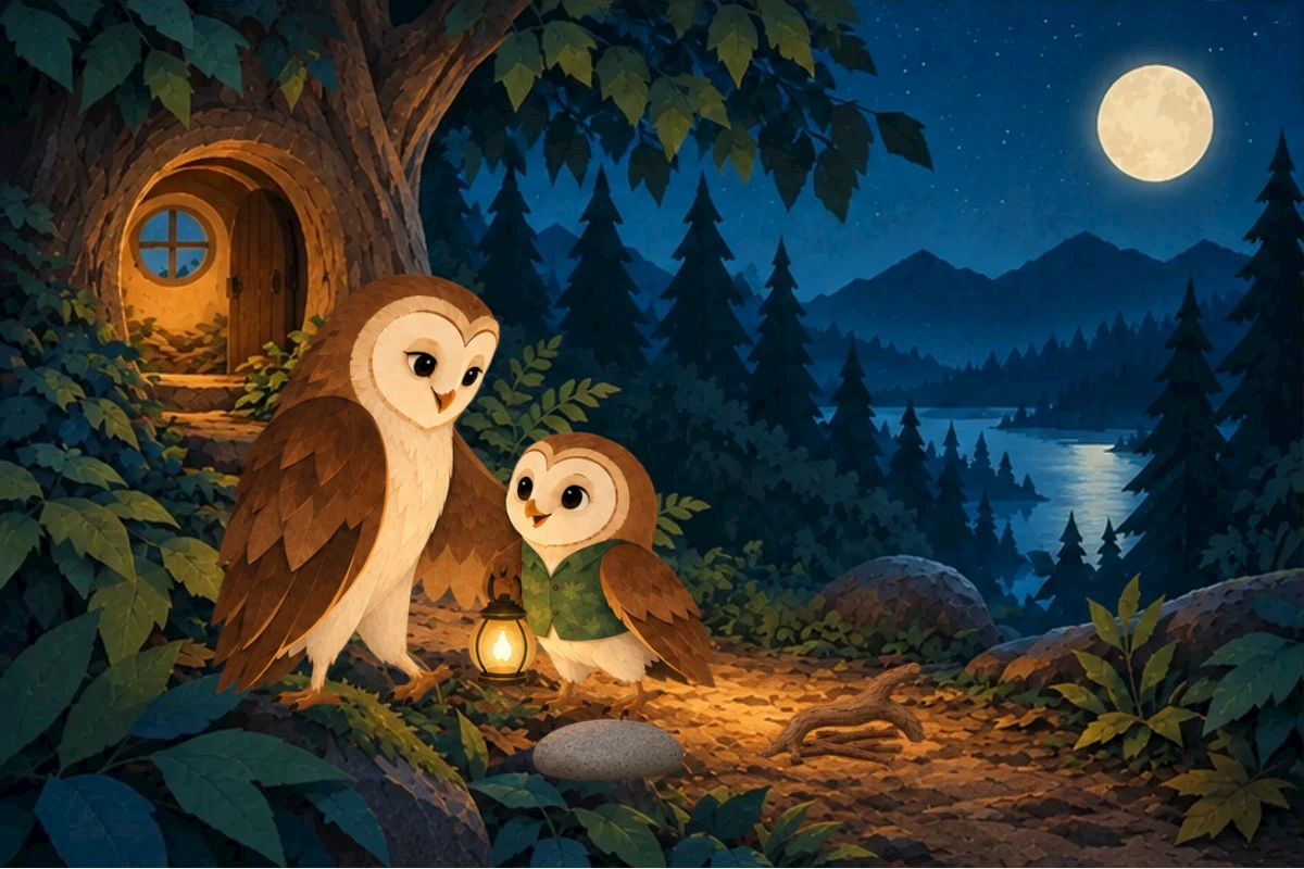 New return wide view, previously moved twig remains at root, stone clear, fern untouched, owls walk toward familiar round door not deeper forest.