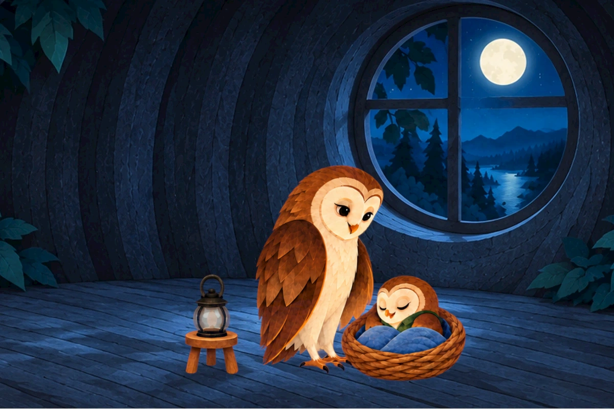 Bedroom return, blue blanket and round window same as opening, lantern returned then placed on low wooden stand and extinguished; moonlight maintains readable owl silhouettes.