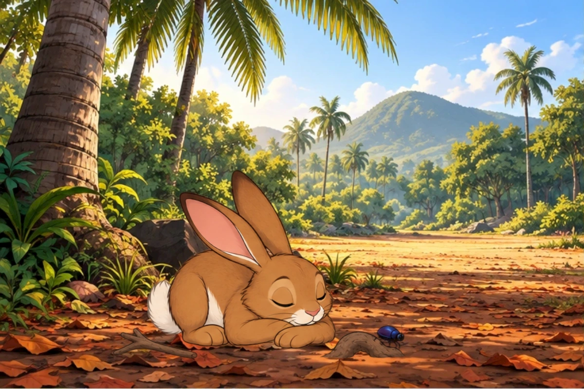 Hare nudges a twig aside and settles while a little beetle crosses a root.