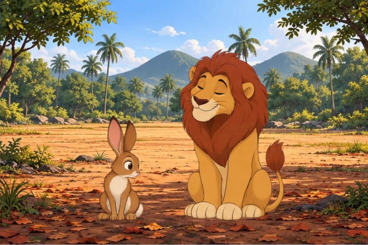 Lion calmly invites Hare to stop and explain the noise.
