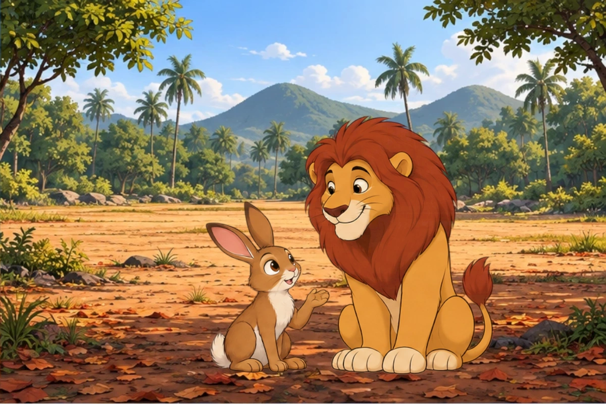 Lion lowers his head patiently and listens to Hare's uncertain explanation.