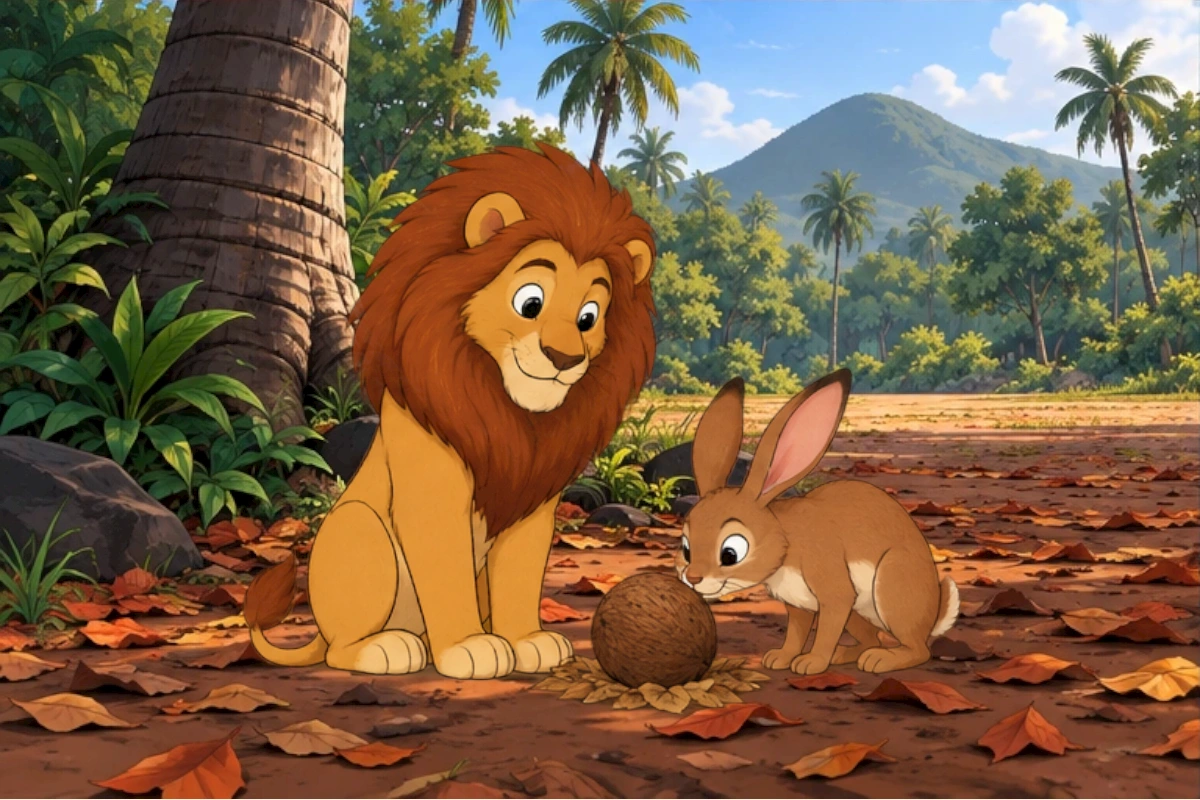 Hare and Lion inspect the coconut and the solid ground beneath the palm.