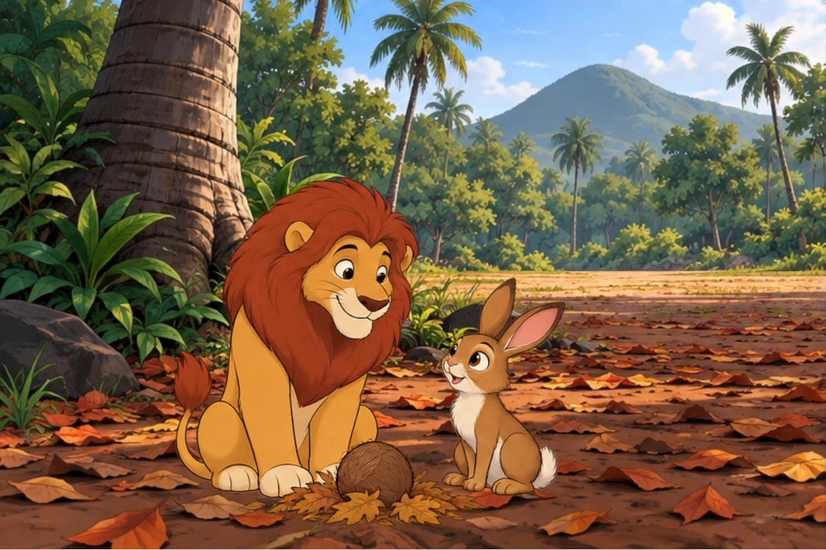 Lion gently nudges the coconut into dry leaves while Hare watches and understands.