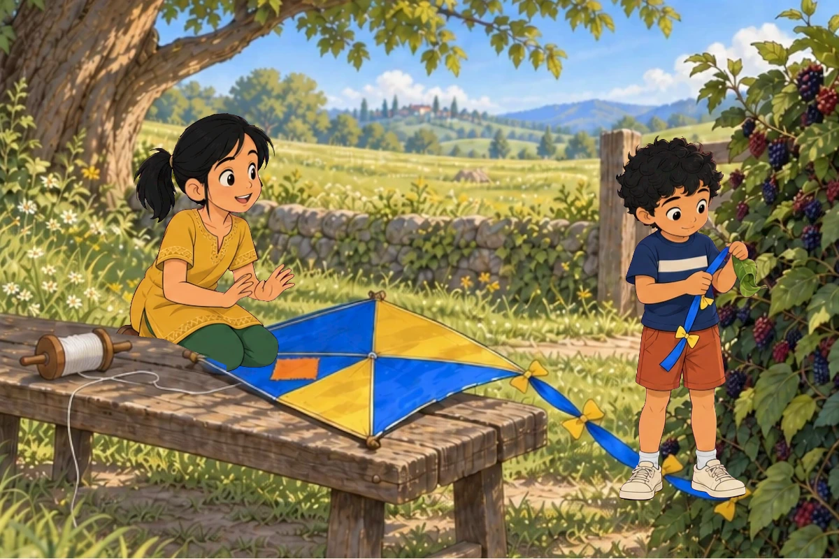 Hand-drawn adventure style. Tara ochre tunic green leggings, Dev navy shirt one cream stripe rust shorts, wooden bench by gate. Blue-and-gold diamond kite with one orange square patch on blue quarter.
